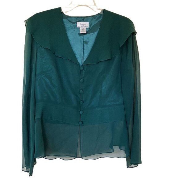 DW Studio Silk Peplum Blouse Wide Collar Sheer Long Sleeves Green David Warren - Picture 4 of 5